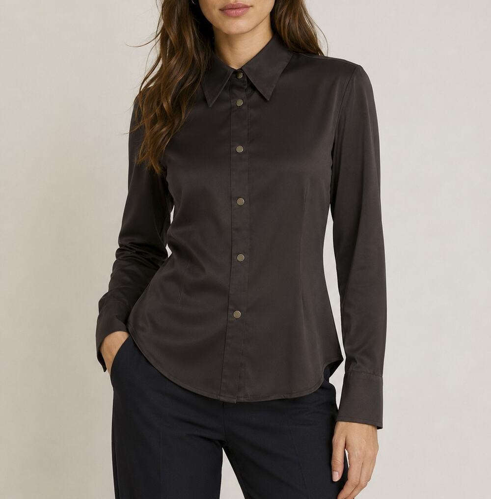 Just Cavalli Brown Satin Snap Front Blouse Shirt Long Sleeve Y2K Size Medium